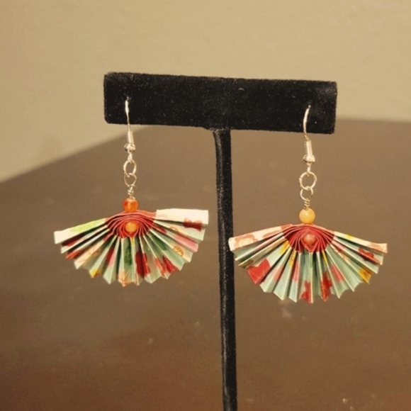 Origami Fan Earrings Green and Coral with Beads, Sterling Earwire - Picture 2 of 5